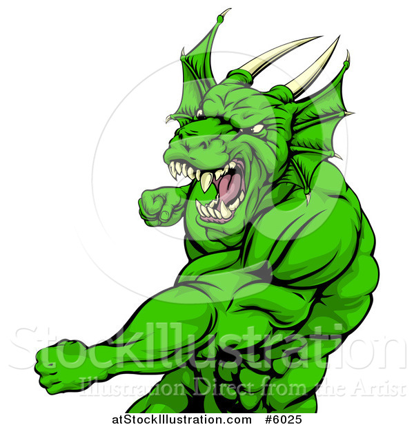 Vector Illustration of an Angry Muscular Green Dragon Man Punching