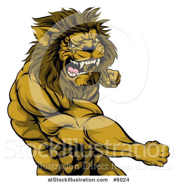 Vector Illustration of an Angry Muscular Lion Man Punching