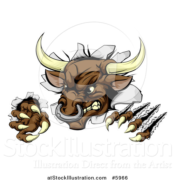 Vector Illustration of an Attacking Aggressive Bull Breaking Through a Wall