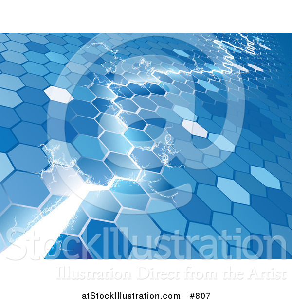 Vector Illustration of an Electrical Lightning Bolt Striking Through a Blue Hexagon Background