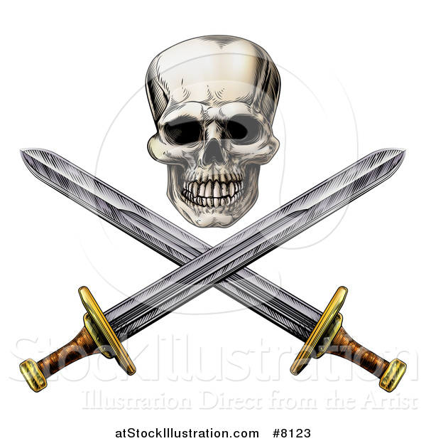 Vector Illustration of an Engraved Pirate Skull Above Crossed Swords