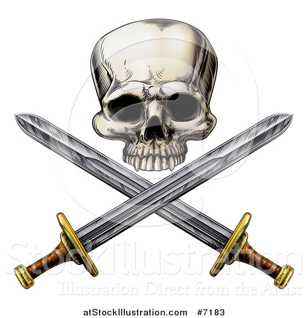 Vector Illustration of an Engraved Pirate Skull and Cross Swords
