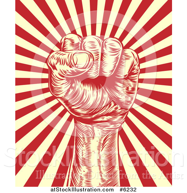 Vector Illustration of an Engraved Revolutionary Fist over Beige and Red Rays