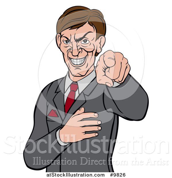 Vector Illustration of an Evil White Business Man Pointing His Finger Outwards