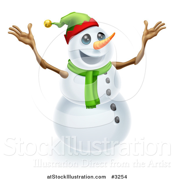 Vector Illustration of an Excited Snowman Wearing a Christmas Elf Hat