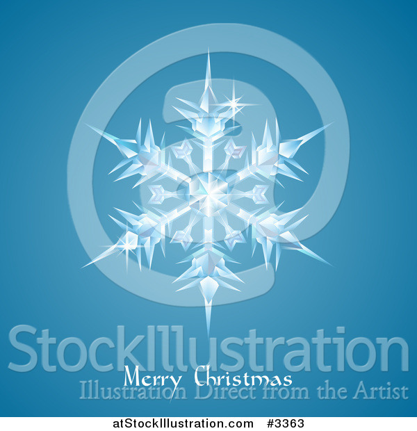 Vector Illustration of an Icy Snowflake over Merry Christmas Text on Blue