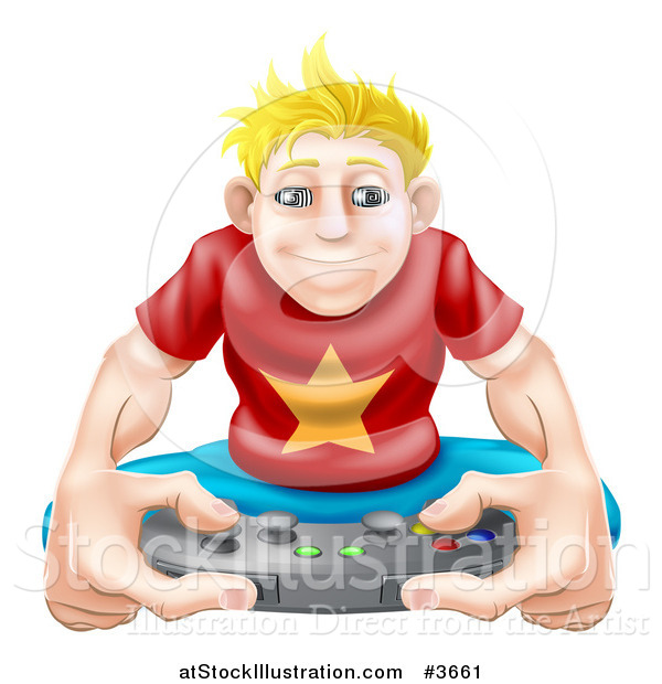 Vector Illustration of an Obsessed Blond Gamer Guy Holding a Remote