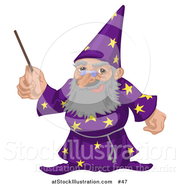 Vector Illustration of an Old Male Warlock Wizard Magician in a Purple Cloak with Star Patterns, Holding a Magic Wand