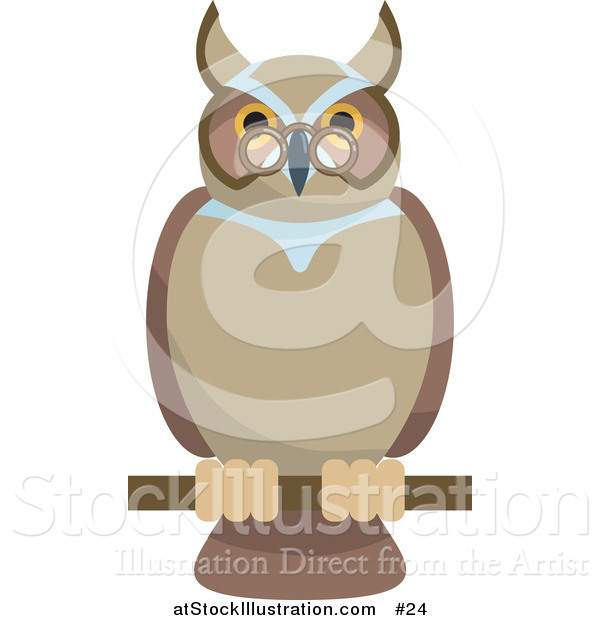 Vector Illustration of an Old Wise Owl Wearing Glasses, Perched on a Branch