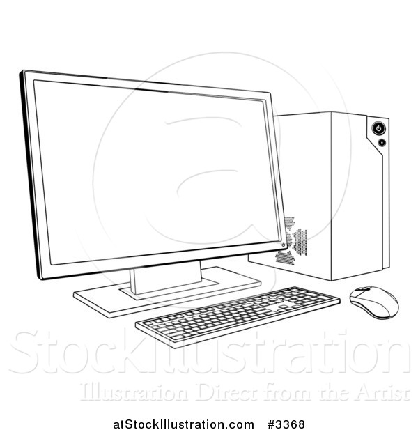 Vector Illustration of an Outlined Desktop Computer Work Station