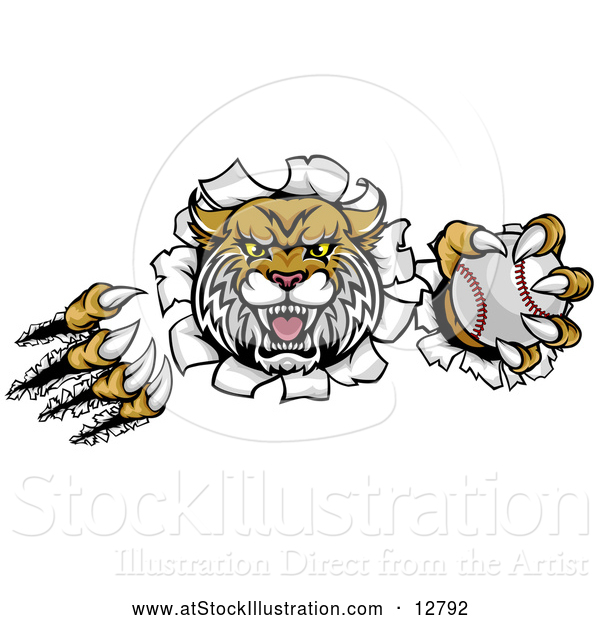 Vector Illustration of an Unstoppable Wildcat Baseball Mascot Ripping Through Paper Wall with a Ball