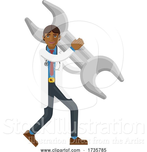 Vector Illustration of Asian Doctor Guy Holding Spanner Wrench Mascot