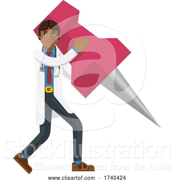 Vector Illustration of Asian Doctor Guy Holding Thumb Tack Pin Mascot