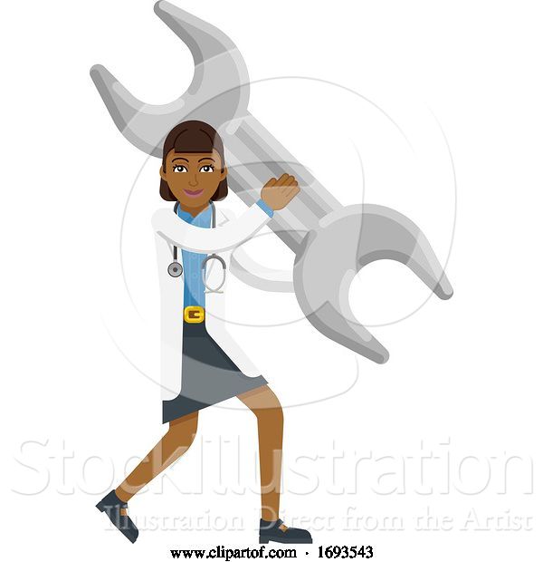 Vector Illustration of Asian Doctor Lady Holding Spanner Wrench Mascot
