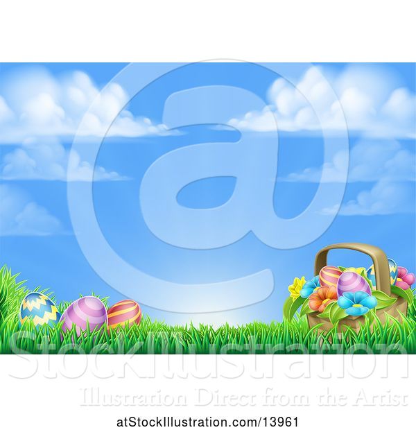 Vector Illustration of Background of a Basket and Easter Eggs with Flowers in Grass