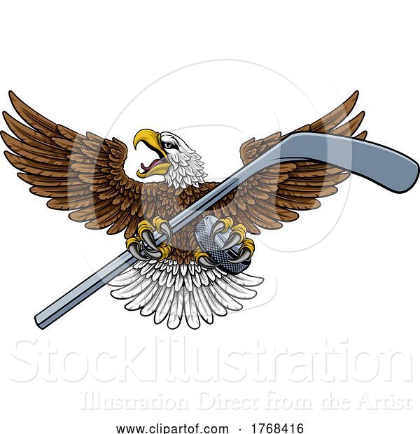 Vector Illustration of Bald Eagle Hawk Ice Hockey Mascot Stick and Puck