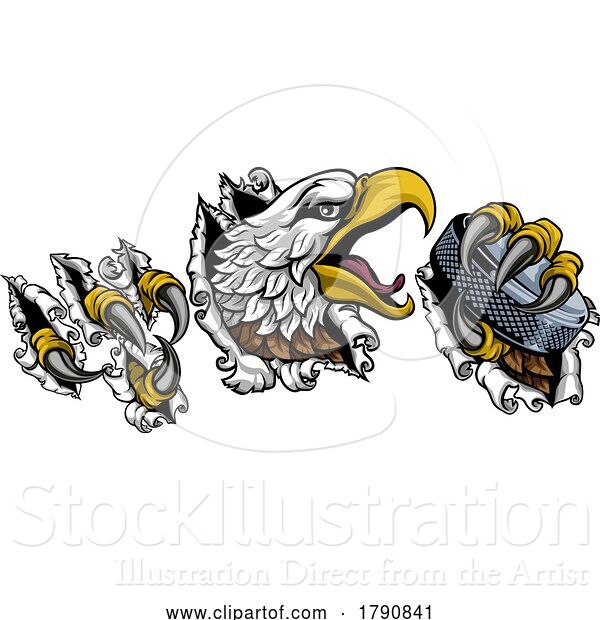 Vector Illustration of Bald Eagle Hawk Ripping Ice Hockey Mascot Puck