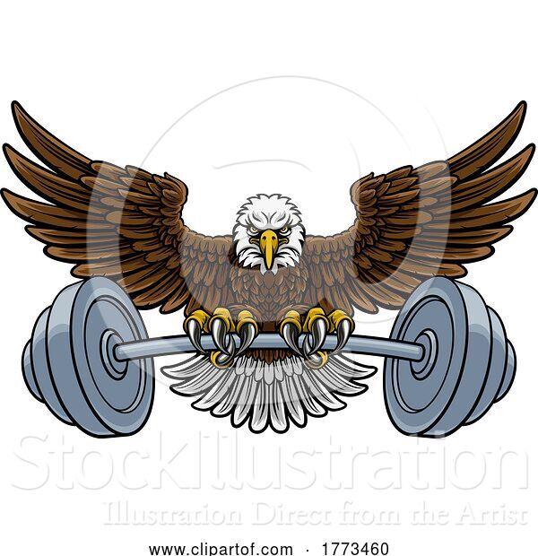 Vector Illustration of Bald Eagle Hawk Weight Lifting Mascot and Barbell