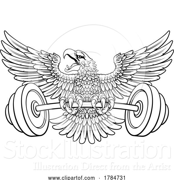 Vector Illustration of Bald Eagle Hawk Weight Lifting Mascot and Barbell