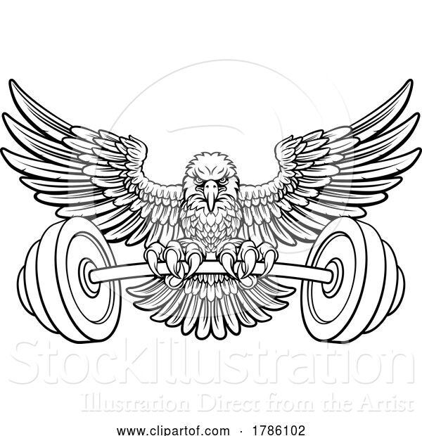 Vector Illustration of Bald Eagle Hawk Weight Lifting Mascot and Barbell