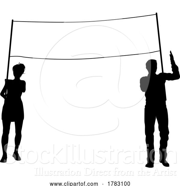 Vector Illustration of Banner Silhouette Protestors at March Rally Strike