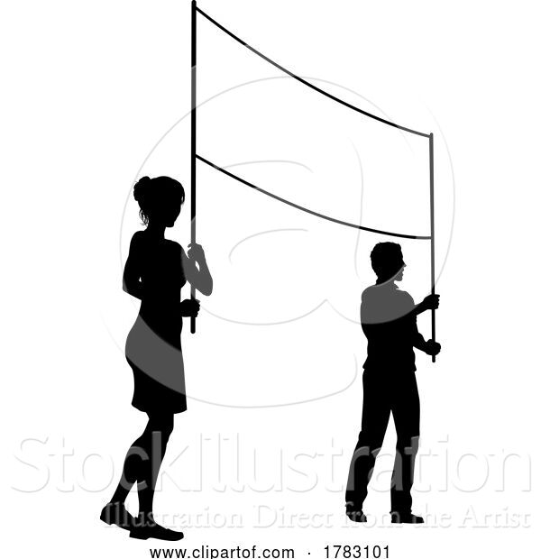 Vector Illustration of Banner Silhouette Protestors at March Rally Strike