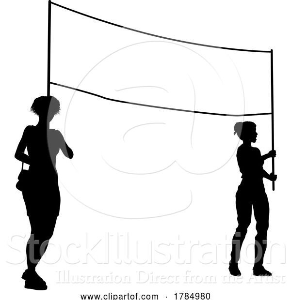 Vector Illustration of Banner Silhouette Protestors at March Rally Strike