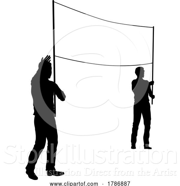 Vector Illustration of Banner Silhouette Protestors at March Rally Strike