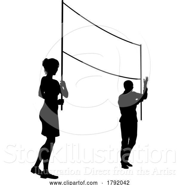 Vector Illustration of Banner Silhouette Protestors at March Rally Strike