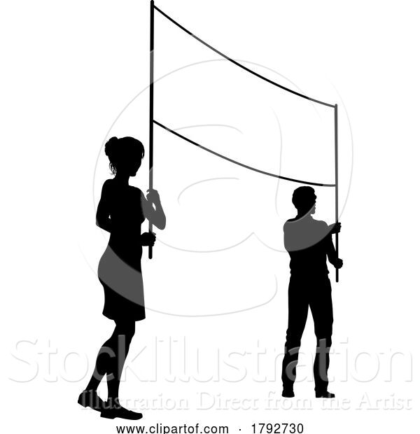 Vector Illustration of Banner Silhouette Protestors at March Rally Strike