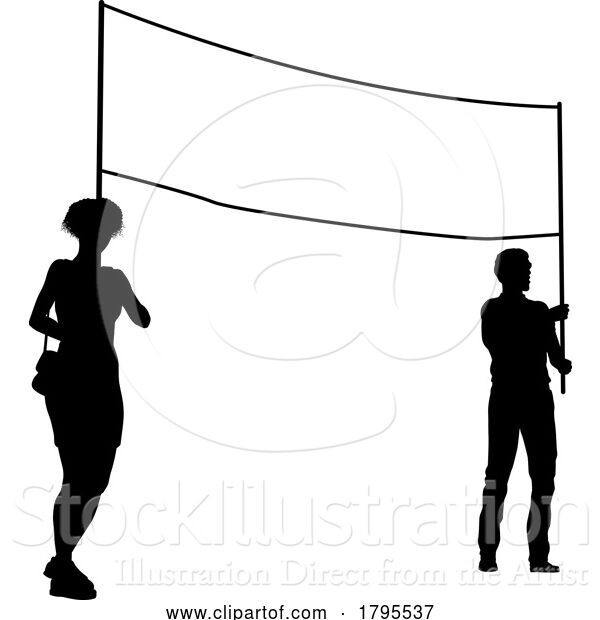 Vector Illustration of Banner Silhouette Protestors at March Rally Strike