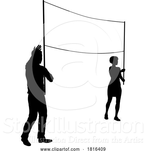 Vector Illustration of Banner Silhouette Protestors at March Rally Strike