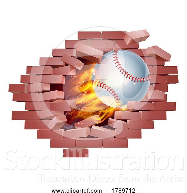Vector Illustration of Baseball Ball Flame Fire Breaking Brick Wall