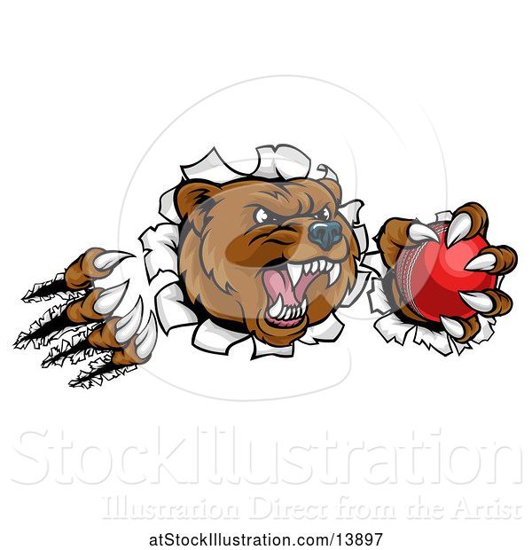 Vector Illustration of Bear Mascot Slashing Through a Wall with a Cricket Ball in a Paw