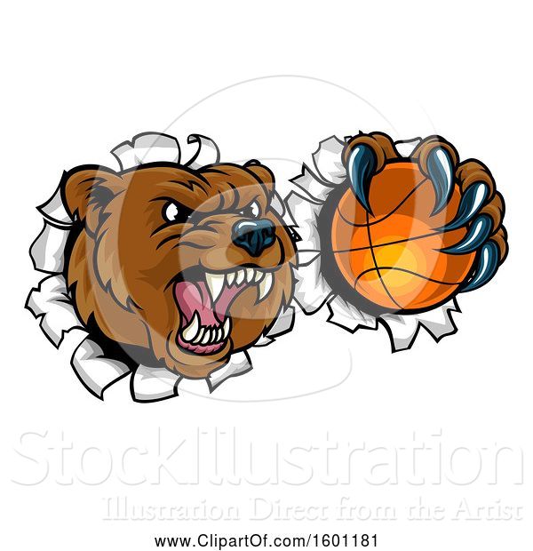 Vector Illustration of Bear Sports Mascot Breaking Through a Wall with a Basketball in a Paw