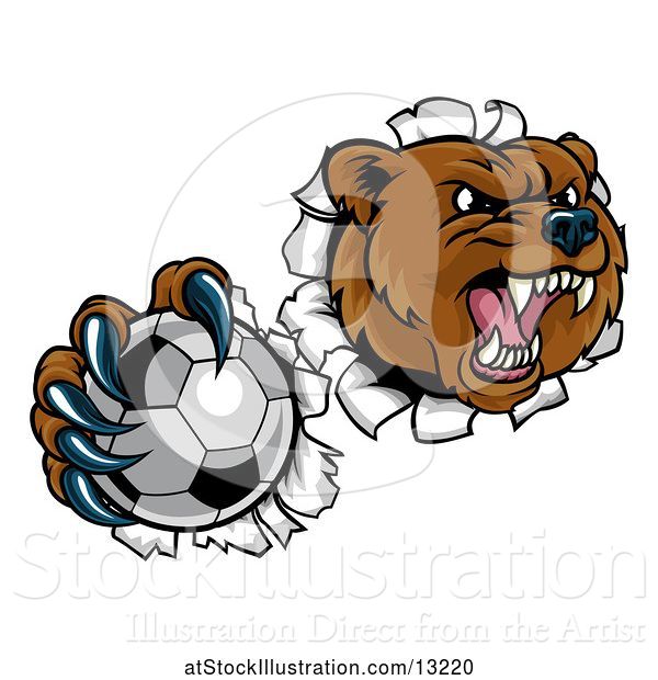 Vector Illustration of Bear Sports Mascot Breaking Through a Wall with a Soccer Ball in a Paw