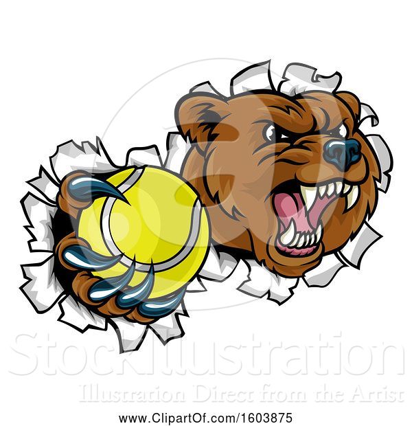 Vector Illustration of Bear Sports Mascot Breaking Through a Wall with a Tennis Ball in a Paw