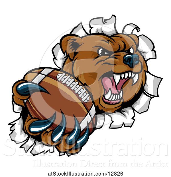Vector Illustration of Bear Sports Mascot Breaking Through a Wall with an American Football in a Paw