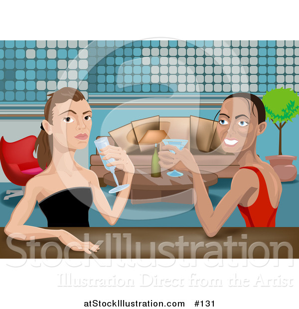 Vector Illustration of Beautiful Friends, or a Lesbian Couple, Drinking Cocktails at an Upscale Bar