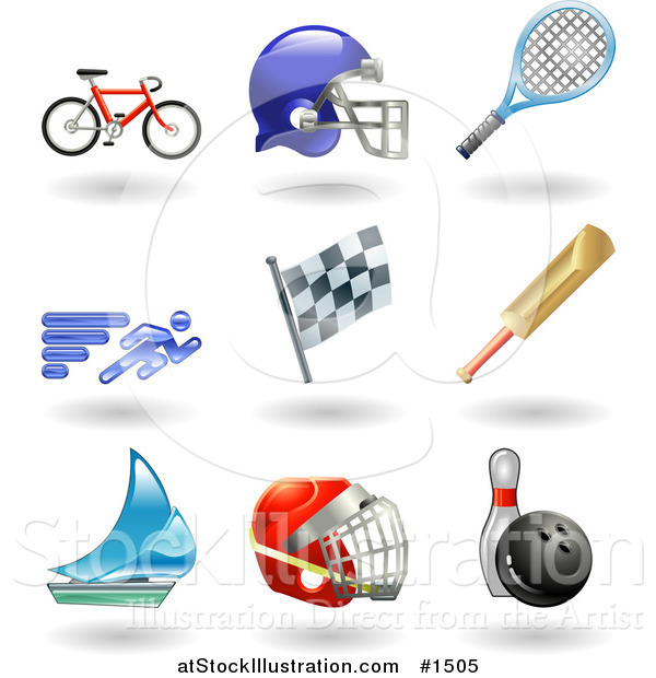 Vector Illustration of Bike, Helmet, Tennis Racket, Runner, Racing Flag, Cricket Bat, Sailboat, Hockey Helmet and Bowling Ball with Pin