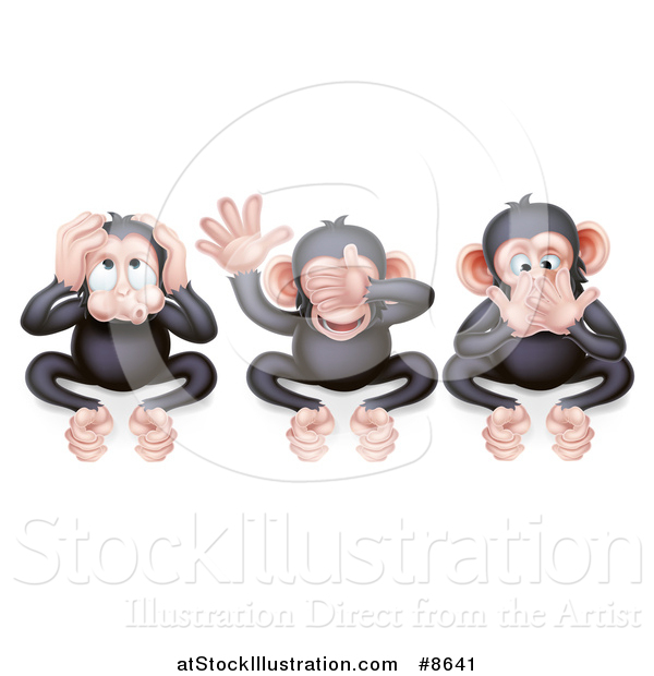 Vector Illustration of Black and Tan Three Wise Monkeys Covering Their Ears, Eyes and Mouth, Hear No Evil, See No Evil, Speak No Evil