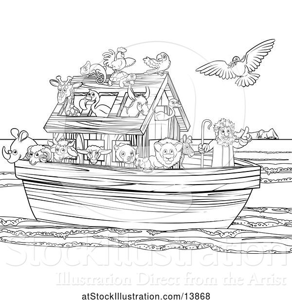 Vector Illustration of Black and White Biblical Scene of Noah on His Ark with the White Dove Returning with the Olive Branch