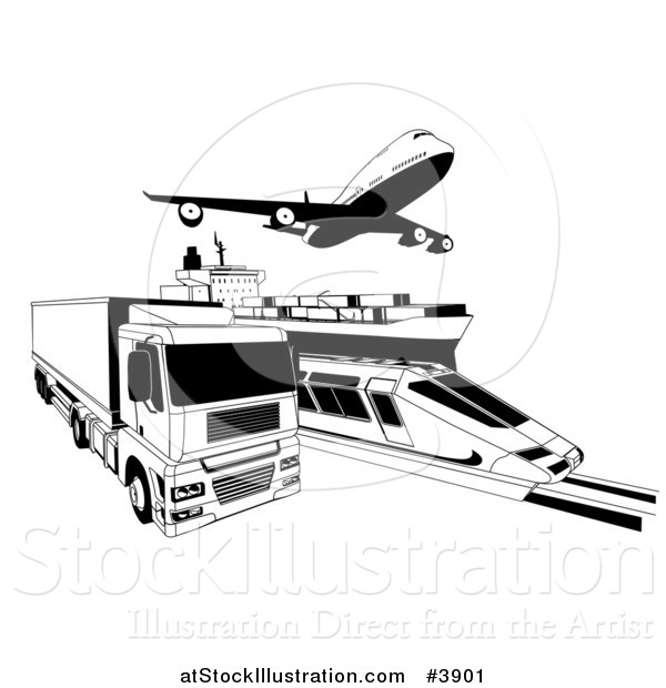 Vector Illustration of Black and White Cargo Logistics Modes Including a Train Plane Big Rig and Ship