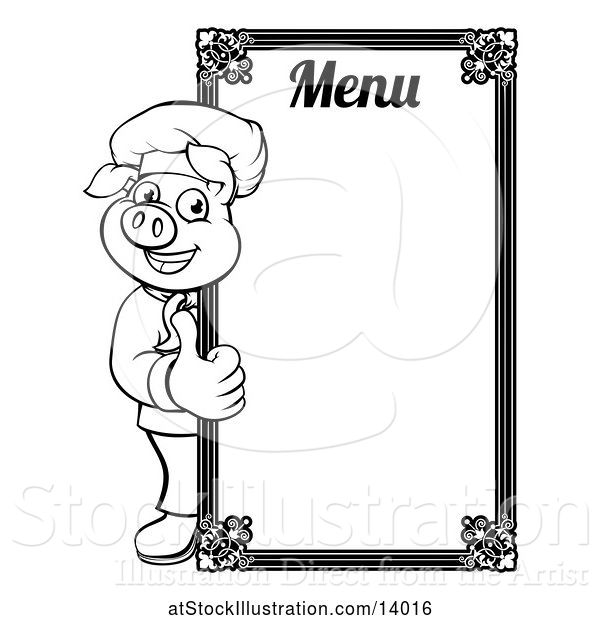 Vector Illustration of Black and White Chef Pig Giving a Thumb up Around a Menu Board