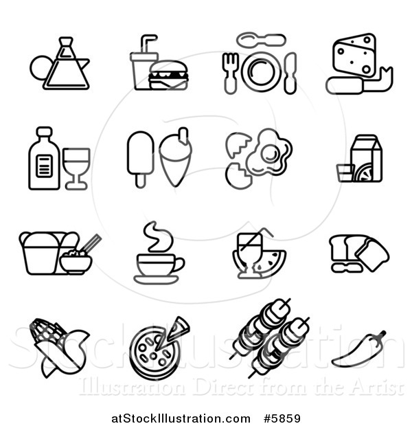 Vector Illustration of Black and White Coffee and Food Icons