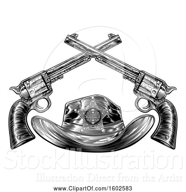 Vector Illustration of Black and White Cowboy Sheriff Hat with Crossed Guns