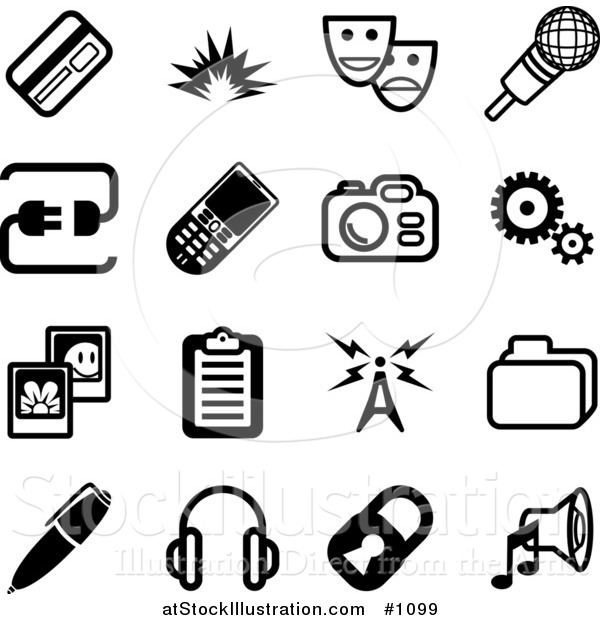 Vector Illustration of Black and White Credit Card, Masks, Microphone, Connection, Cellphone, Camera, Cogs, Pictures, Clipboard, Communications Tower, Files, Pen, Headphones, Padlock and Speaker Icons on a White Background