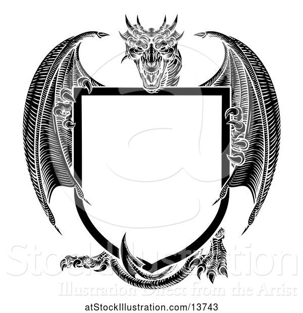 Vector Illustration of Black and White Dragon Holding a Shield