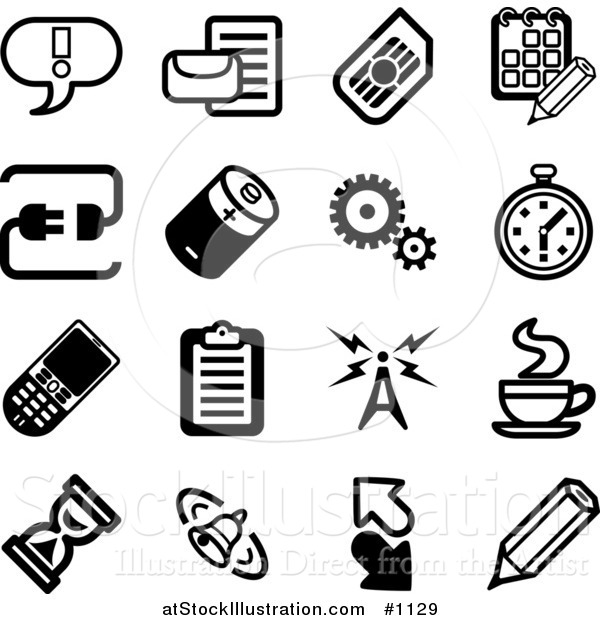 Vector Illustration of Black and White Exclamation Point, Letter, Calendar, Connection, Battery, Gears, Stopwatch, Cellphone, Clipboard, Communications Tower, Java, Hourglass, Bell, Arrows and Pencil Icons on a White Background