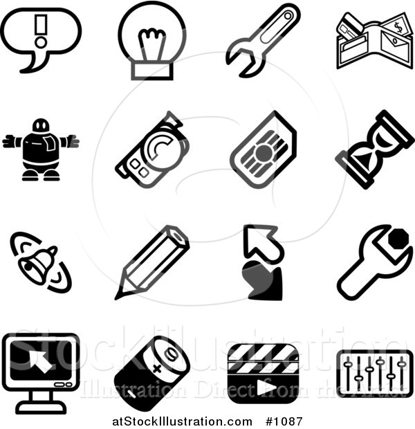 Vector Illustration of Black and White Exclamation Point, Lightbulb, Wrench, Wallet, Robot, Camera, Hourglass, Bell, Pencil, Arrows, Computer, Battery, Clapboard, and Equalizer Icons on a White Background